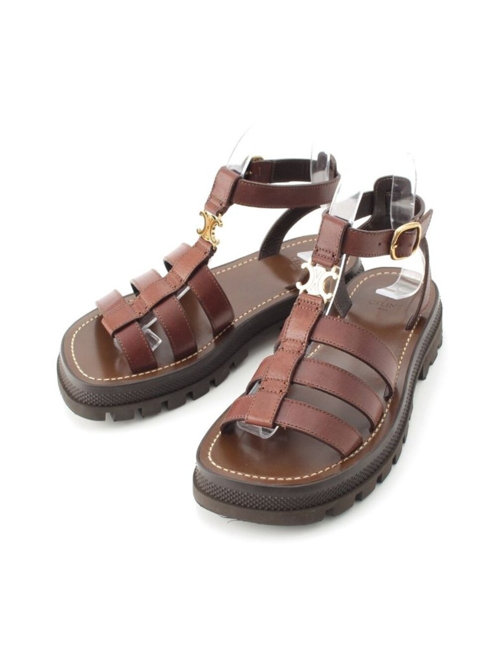 Celine Triomphe Leather Clair Gladiator Sandals Dark Brown